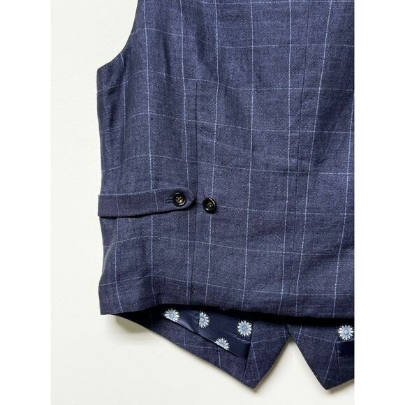 BAIRD MCNUTT 100% Linen Navy Windowpane Plaid Vest Pocket Square, Sz M - Picture 5 of 8